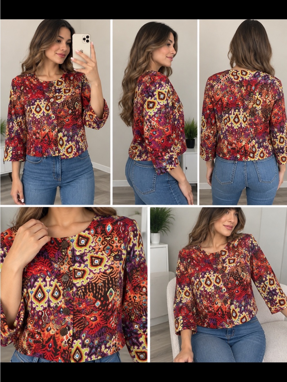 Bold Red Multi-Pattern Button-Down Blouse